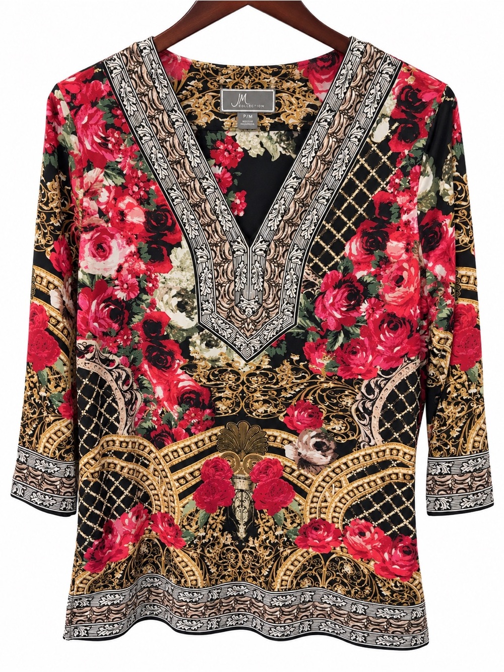 JM Collection Black Tunic with Red Floral & Gold Baroque Print